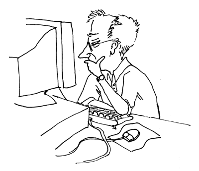 sketch of old man using computer