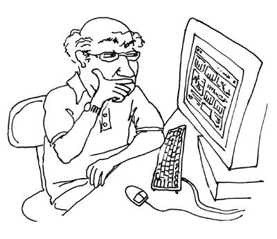 sketch of old man using computer