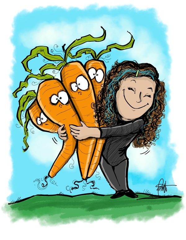 caricature of shawn hugging large carrots